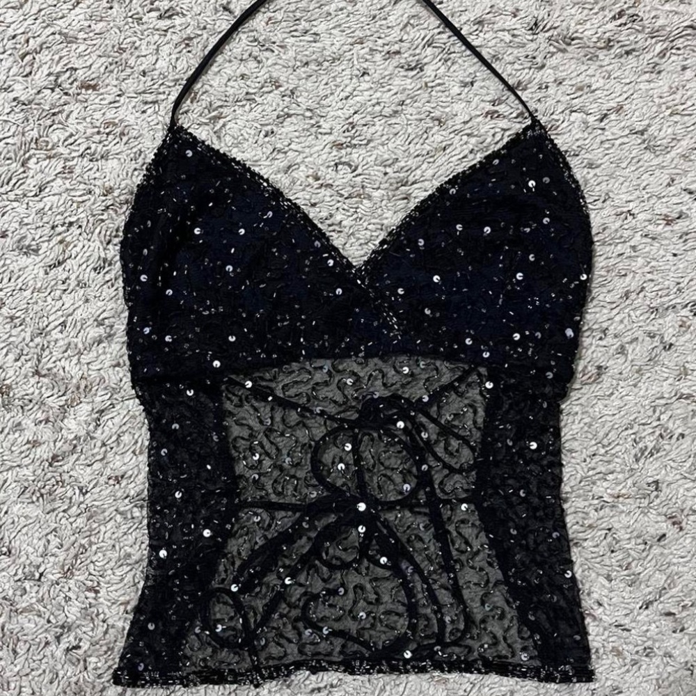 Charlotte Russe black beaded sequin backless halter top XS/S